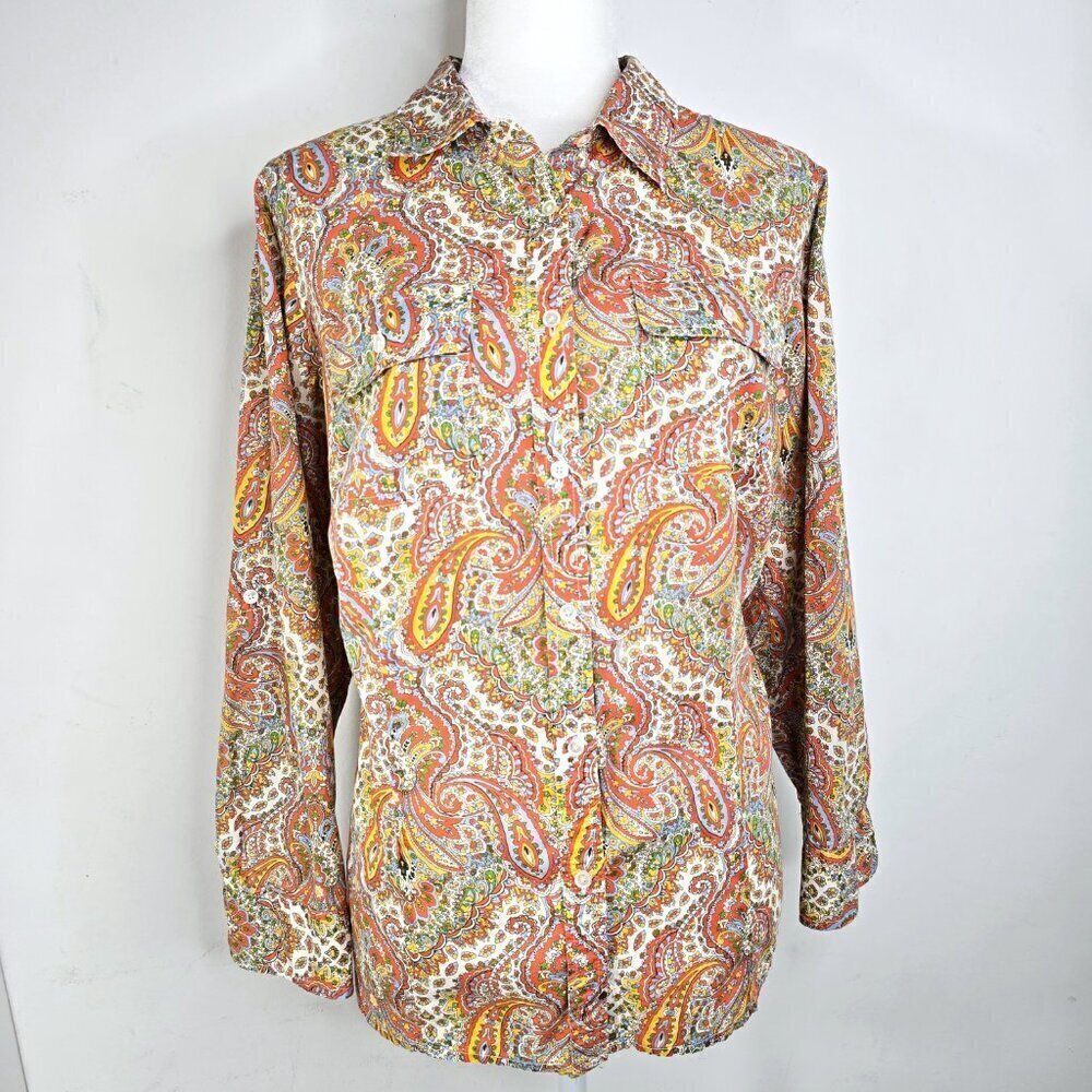 TALBOTS 16WP Petites Yellow Orange Floral Paisley Button Up Roll Tab Shirt